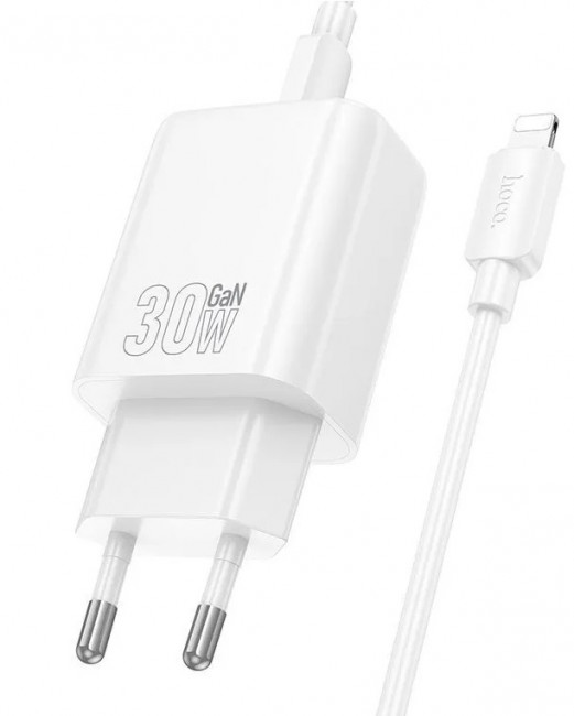 Блок сетевой USB/USBType-C 2x + кабель Type-C-Lightning комплект Hoco 3A 30Вт N63 белое