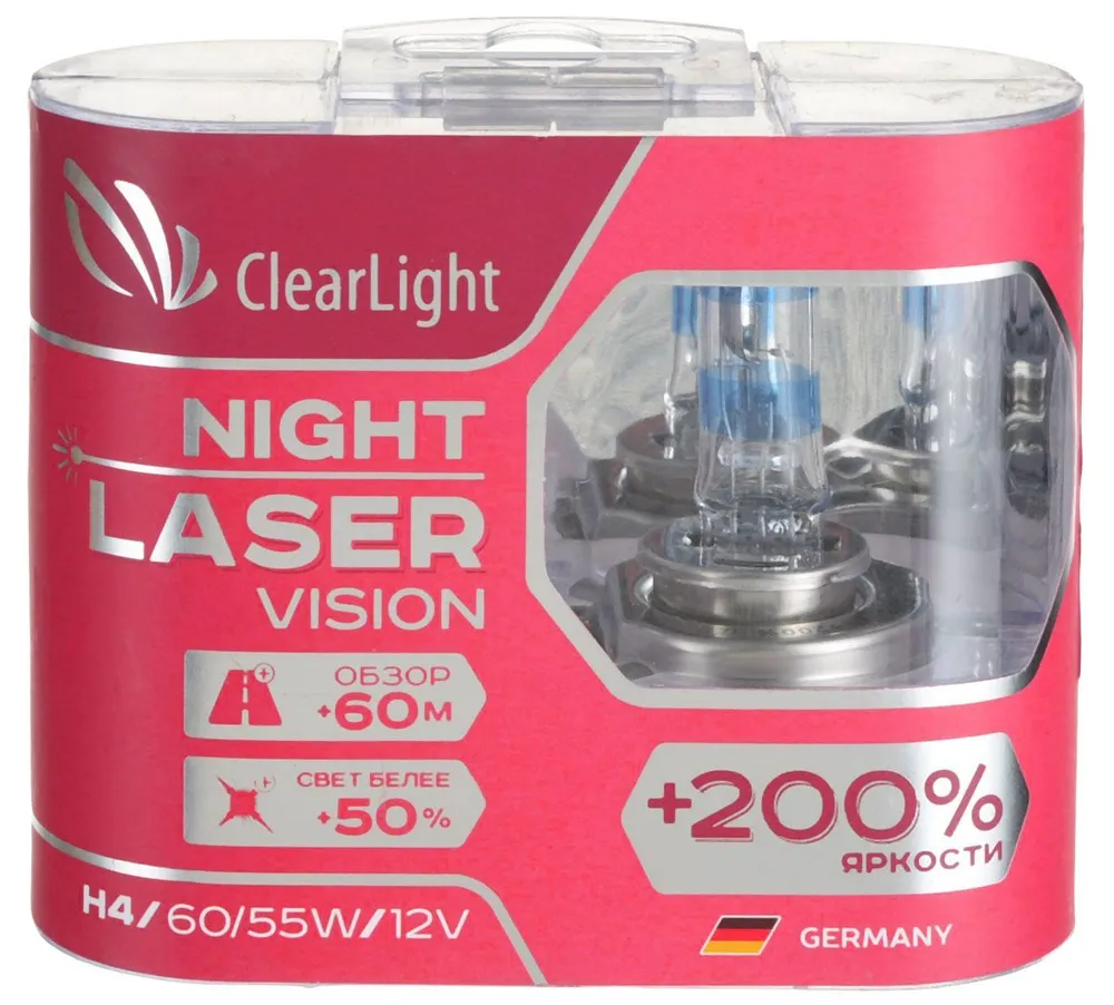 Лампы авто головные галогенные Clearlight Night Laser Vision +200 12V H4  4300K 55/60W 2шт MLH4NLV200 купить в Калининграде | Цена, характеристики,  фото